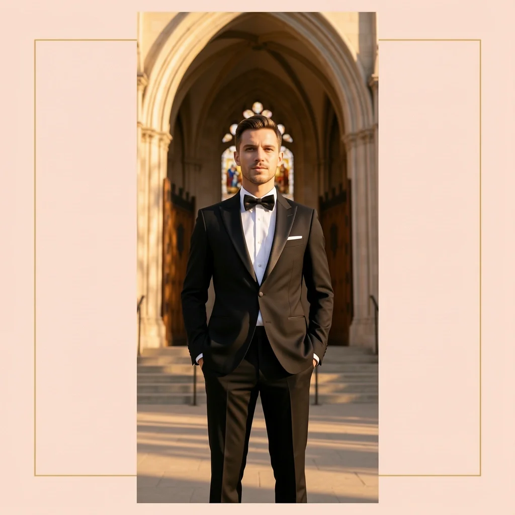 Man in black tuxedo standing at church entrance representing formal church wedding attire