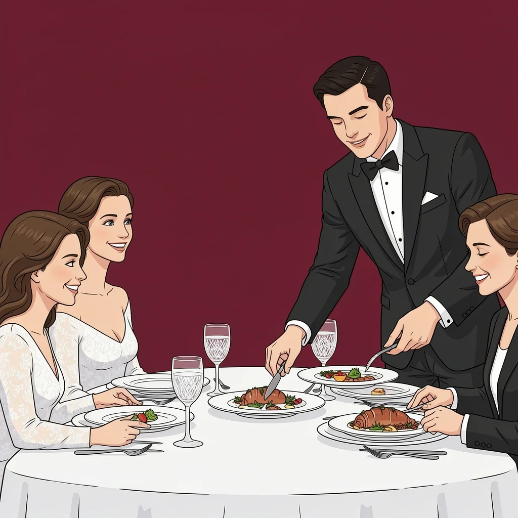 Formal seated wedding dinner with waiter serving a plated starter to a guest, representing the Classic Three-Course menu style