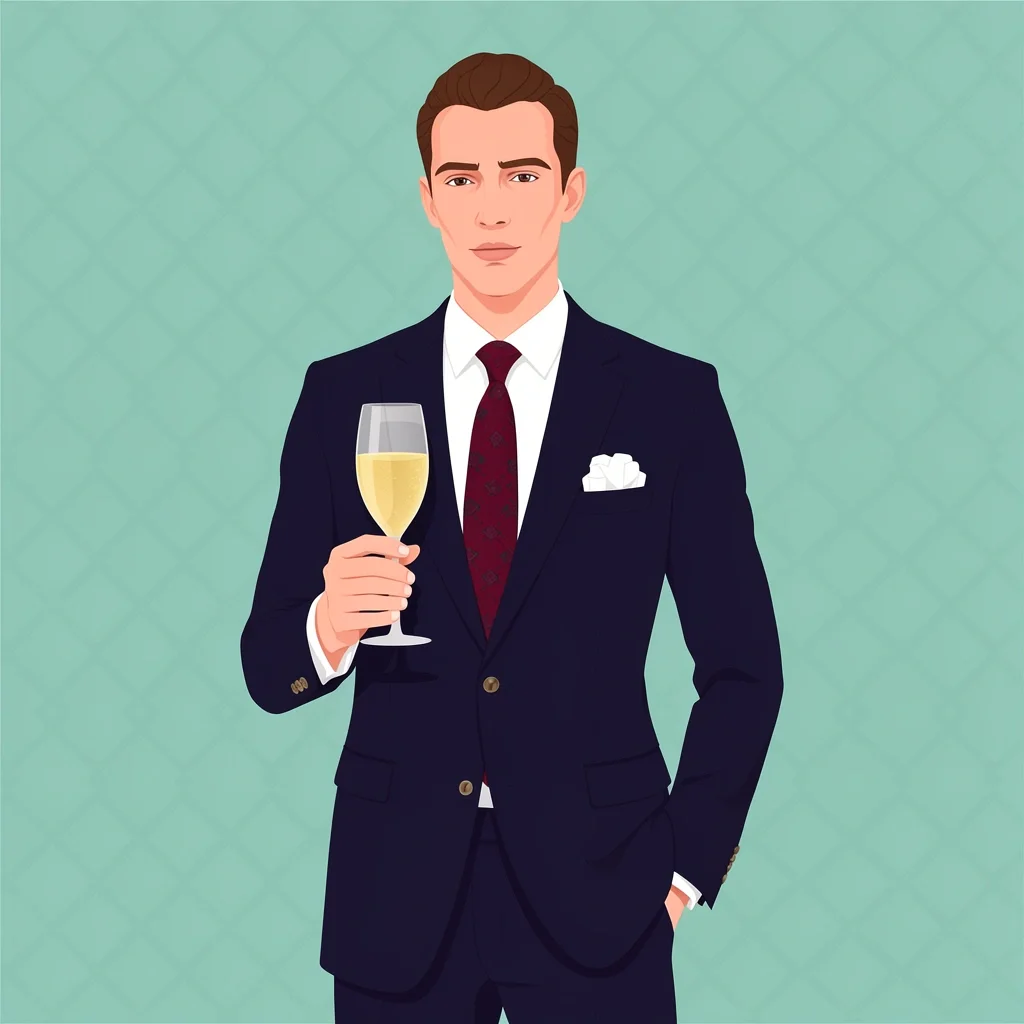 Cocktail Attire Wedding Guest Suit Man in navy suit with patterned tie and pocket square for cocktail attire wedding.