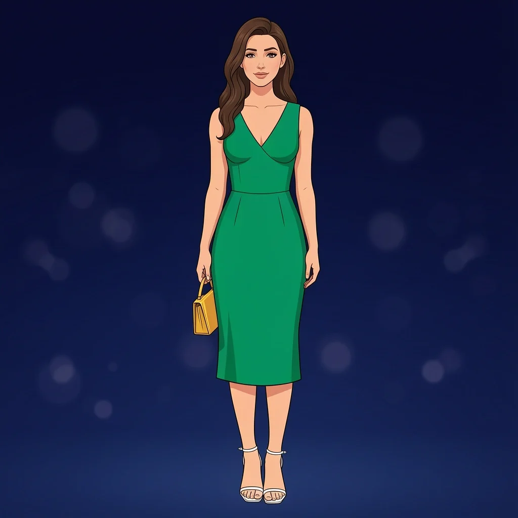 Emerald green knee-length cocktail dress with strappy heels and clutch for evening courthouse wedding