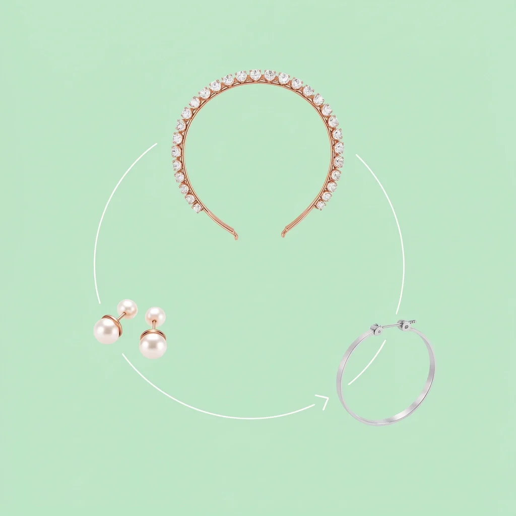 Three bridal accessories in rose gold arranged in a triangle with a flow arrow, representing cohesive set