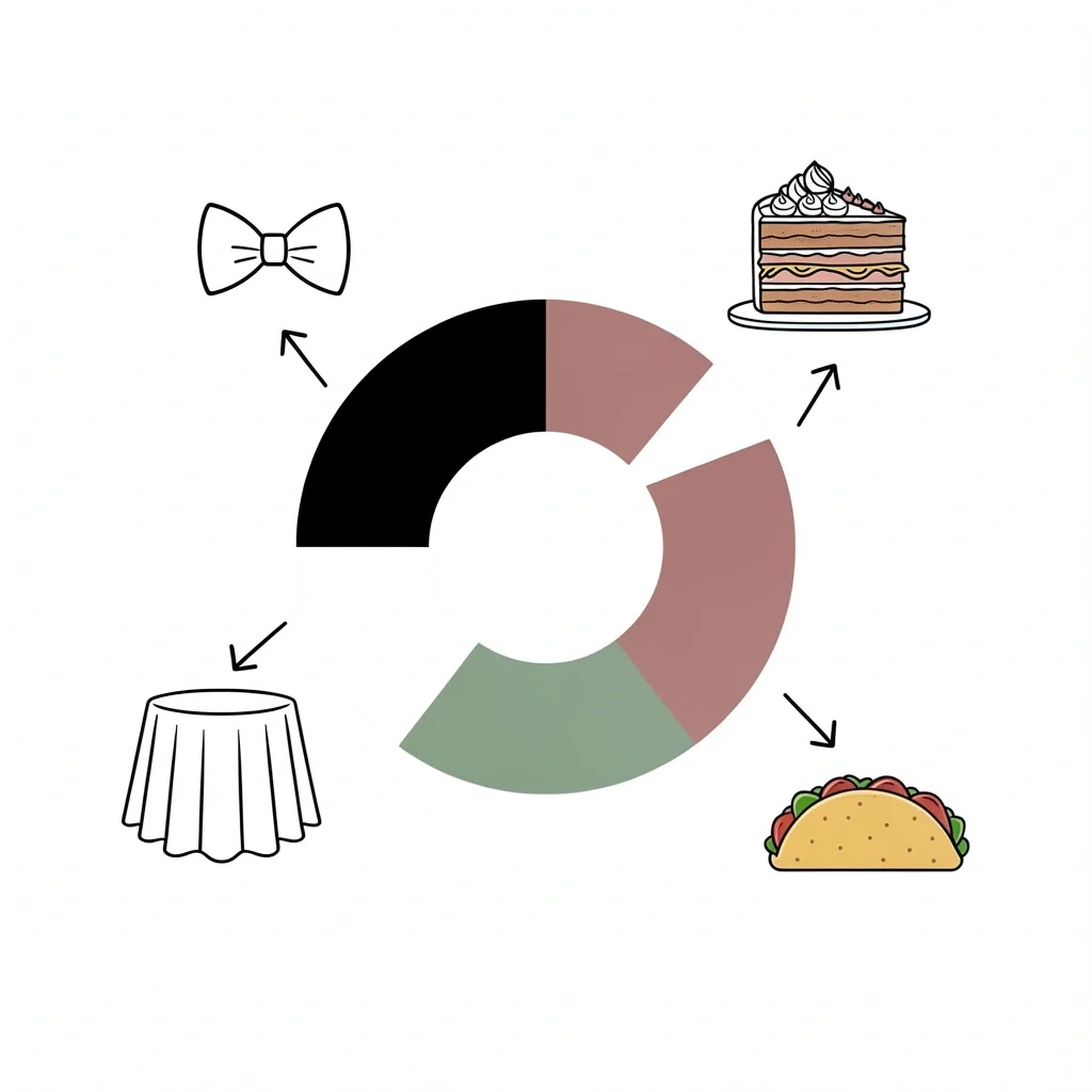 2D illustration of a wedding color palette mood board with bow tie, cake, tablecloth, and taco icons connected by arrows