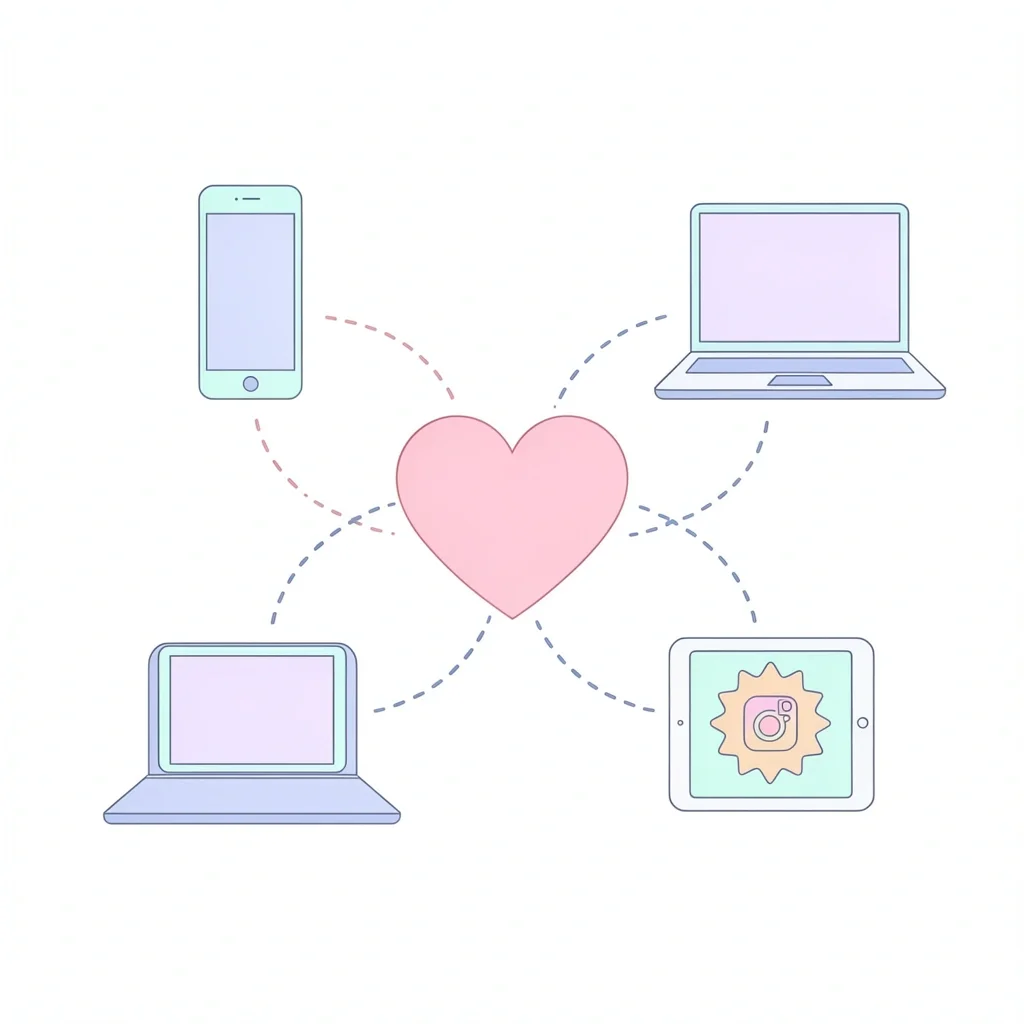 Cohesive Wedding Bliss Brand Across Channels Heart icon connected to smartphone, laptop, tablet, and social media representing cohesive wedding bliss branding across channels
