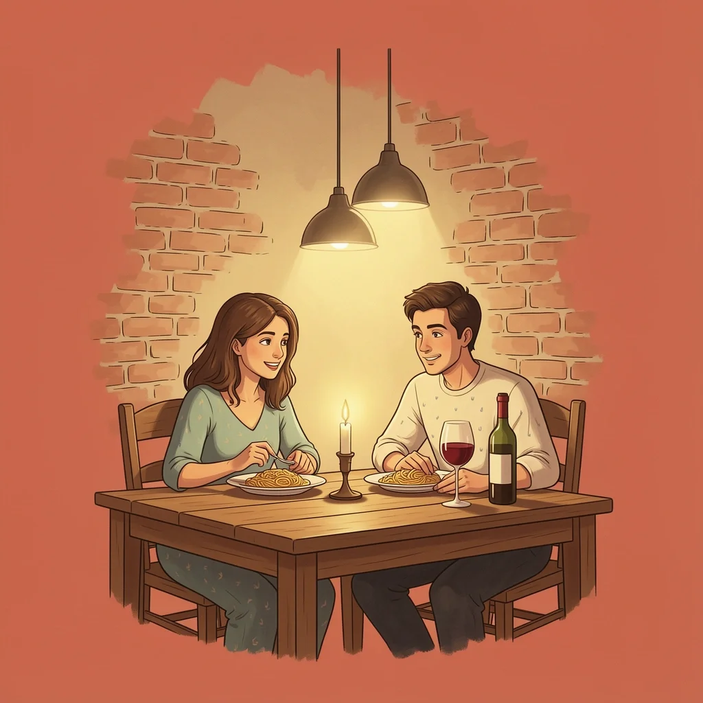 A couple sharing pasta and red wine at a candlelit rustic Italian restaurant