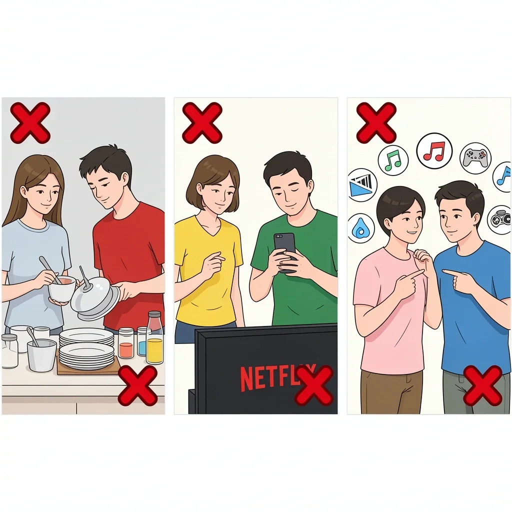 Three Traps to Avoid on At-Home Date Night Three visual traps for at-home dates: cleaning, phone distraction, and indecision with red X marks