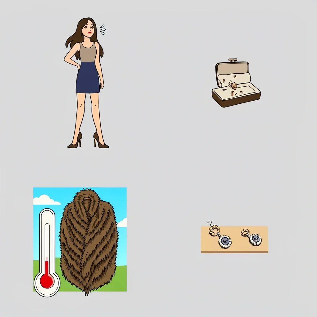 MOH Accessory Mistakes to Avoid Four vignettes showing MOH mistakes: uncomfortable heels, tiny clutch, wrong weather wrap, and broken jewelry with spare