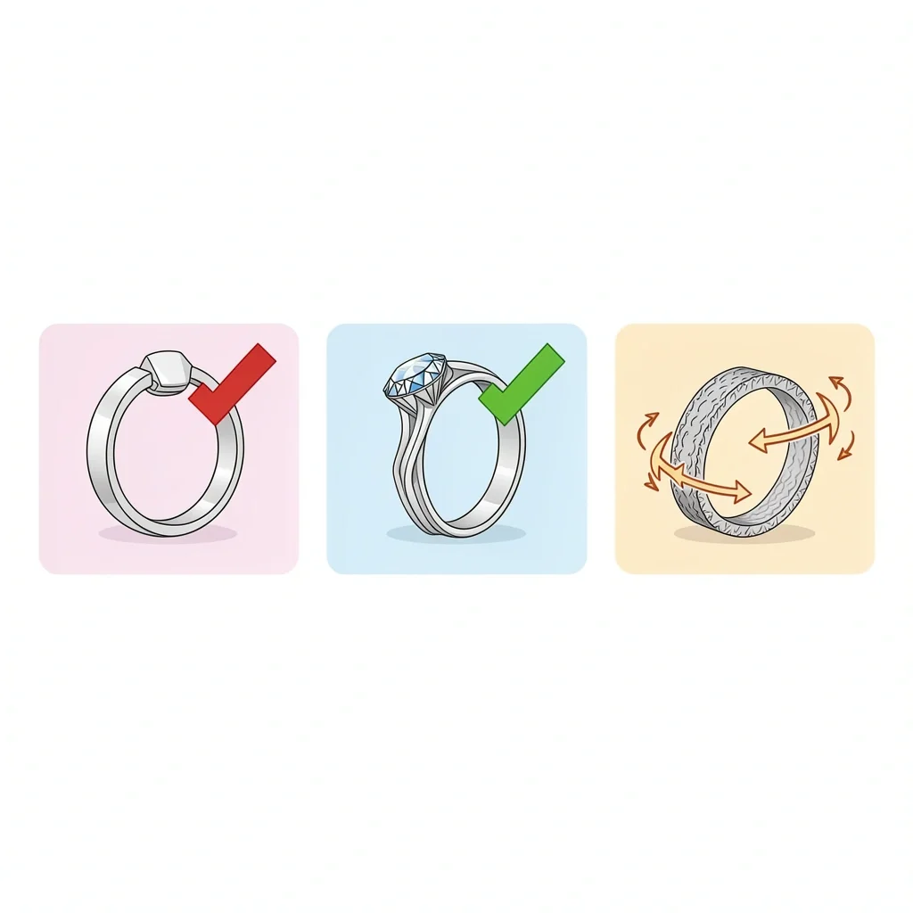 Stacking Problems and Solutions for Rings Three boxes illustrating ring stacking issues: gap, contour band solution, and spinning fix with textured band