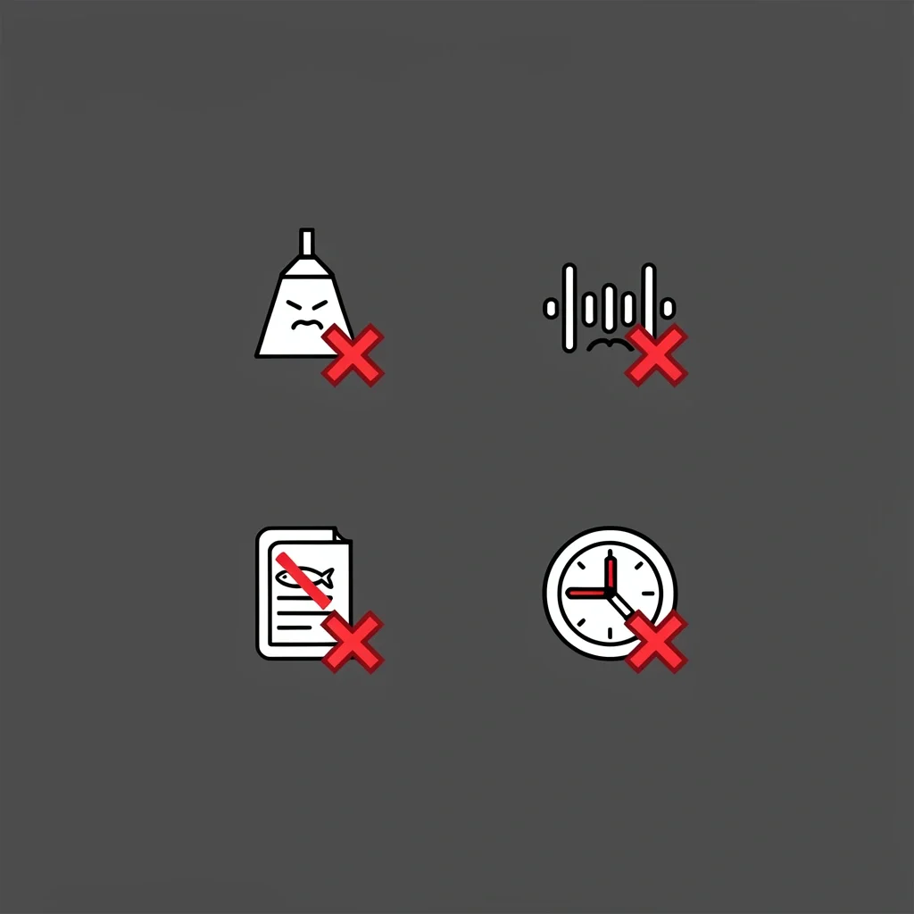 Four abstract icons showing common date mistakes: bad lighting, noise, menu mismatch, and overcommitment