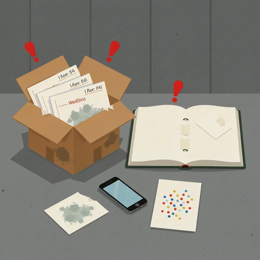 Wedding cards damaged by moisture, adhesive albums, low-quality photos, and confetti glue