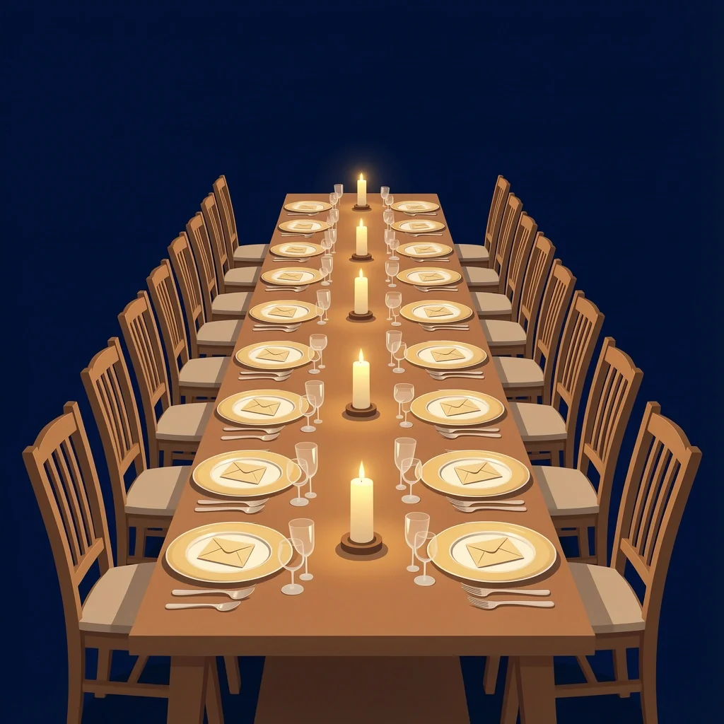 Long communal table with handwritten notes at each place setting for an intimate small wedding