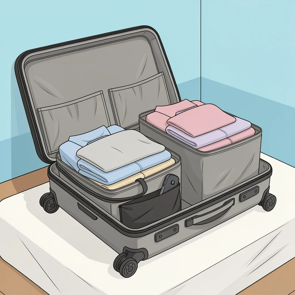 Compression Packing Cubes in Suitcase Suitcase organized with compression packing cubes and a Bluetooth speakerphone for travel
