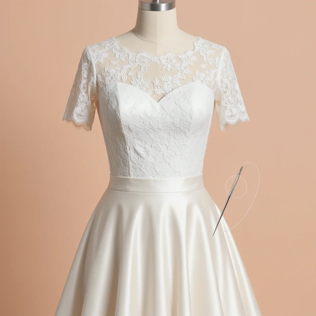 Compromise Wedding Dress Elements Wedding dress with lace top and satin skirt merging, symbolizing compromise through alteration