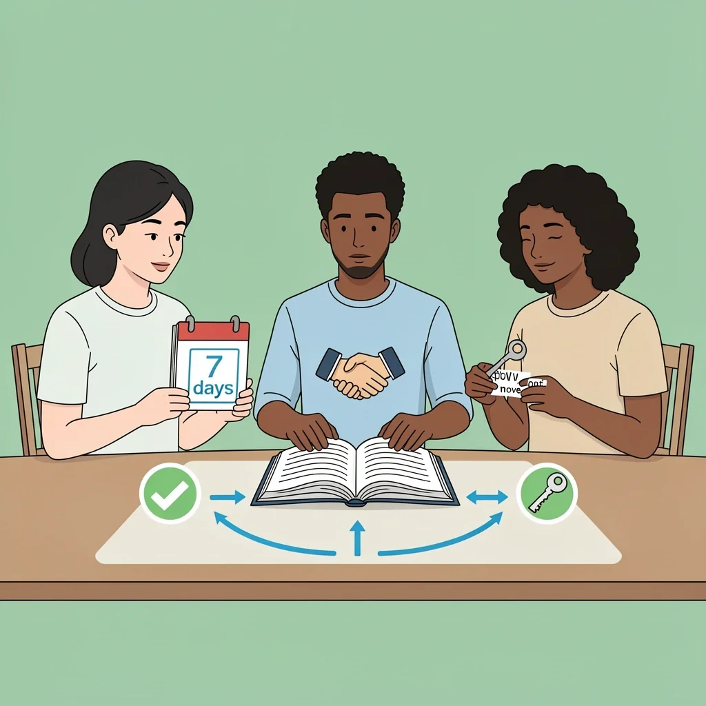 Group of people around a table with a ledger, icons for grace period, handshake, and move-out key