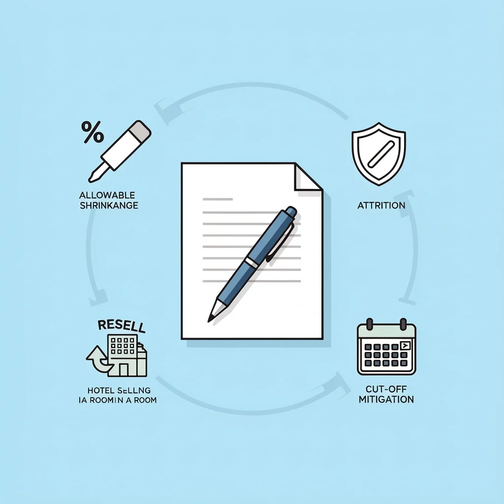 Wedding Hotel Block Contract Clauses Vector illustration of wedding hotel contract clauses with icons for shrinkage, attrition, mitigation, and cut-off date