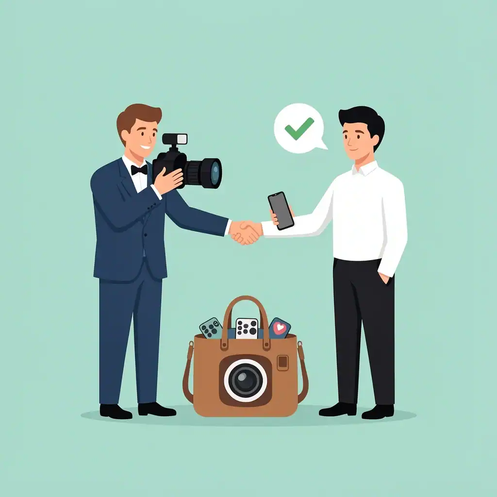 Coordinate Phone Plan with Photographer Vector illustration of a wedding photographer and a phone handler shaking hands, coordinating the phone plan.