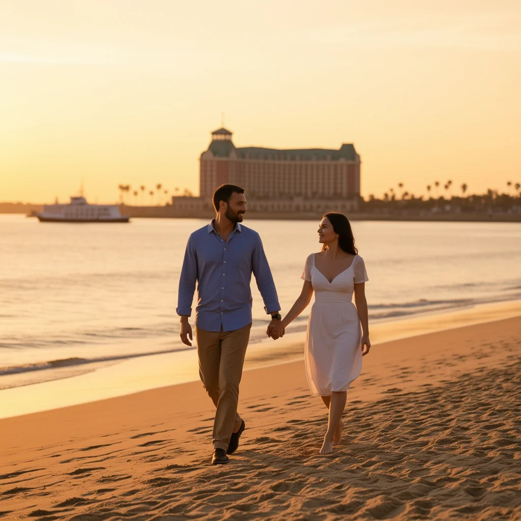 Coronado Ferry Beach Date Couple walking on Coronado beach at sunset with ferry and Hotel del Coronado in background