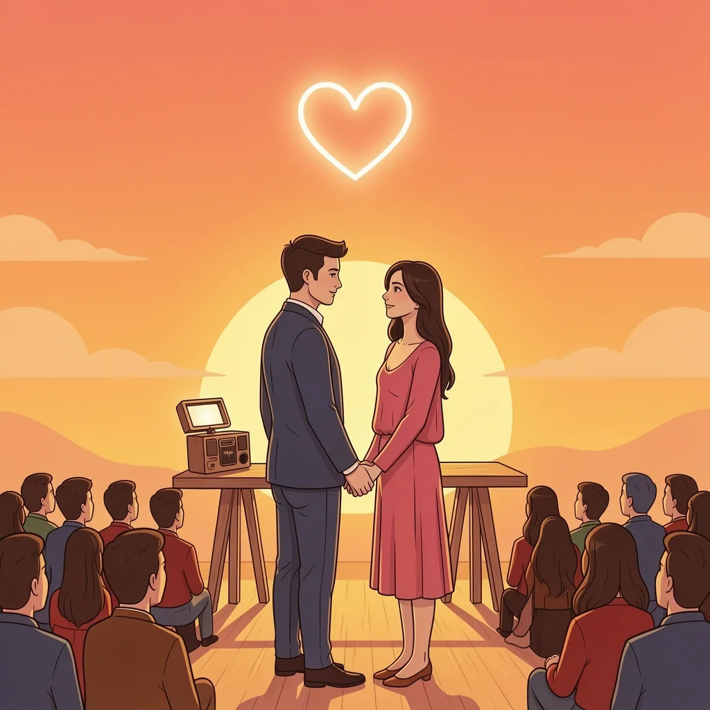 Choose Your Unique Wedding Song Couple at the altar with a music player playing a personal song, symbolizing the final advice to choose music that fits their unique story