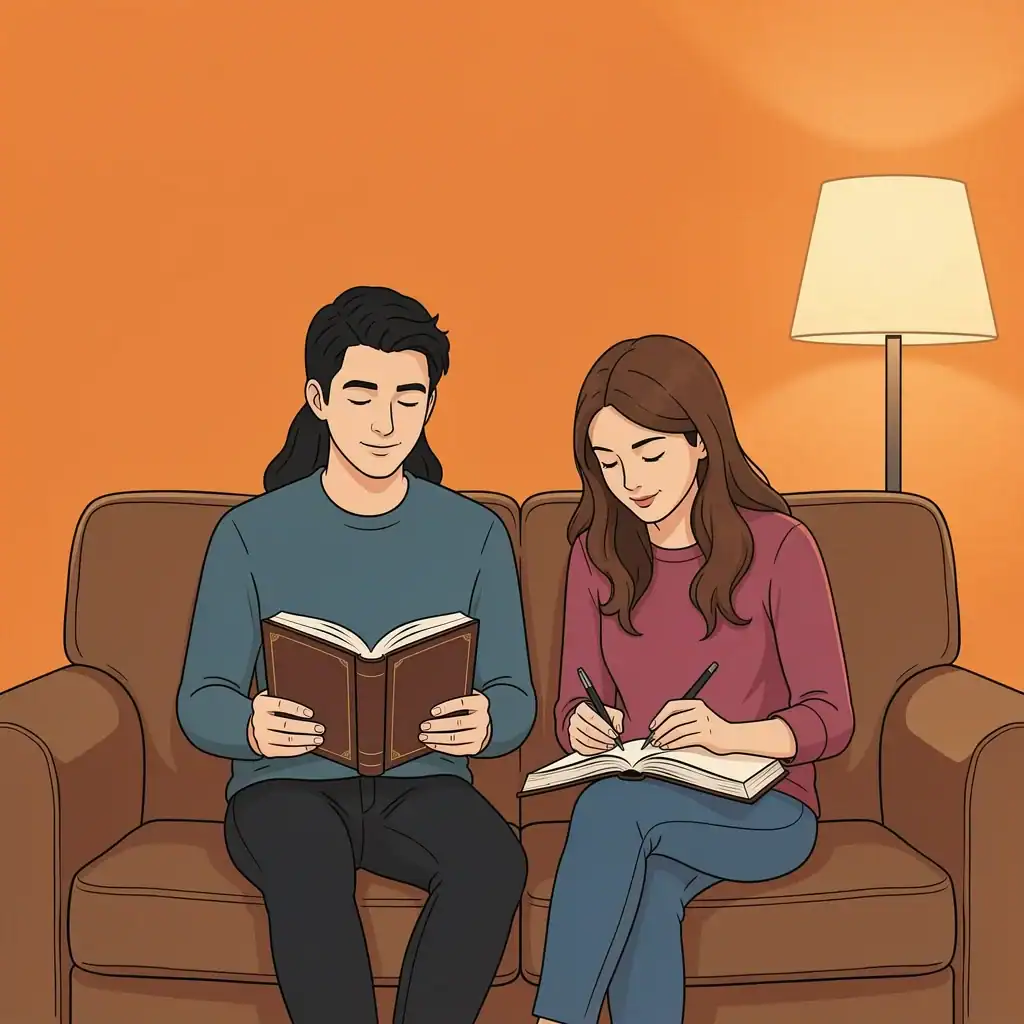 Couple studying Bible together and writing in prayer journal on couch with warm lamp light
