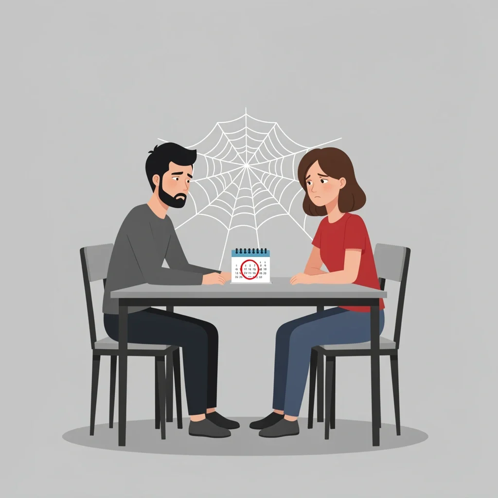 The Trap of Unchecked Routine Couple sitting at a table with a calendar and spiderweb between them, symbolizing the trap of routine and unresolved issues in marriage