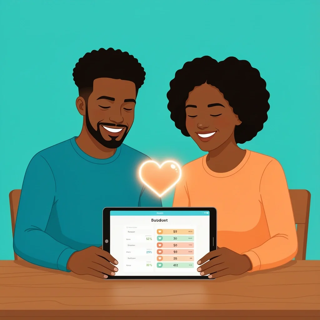 A couple reviewing their budget together on a tablet, smiling and connected, with a heart icon symbolizing harmony.