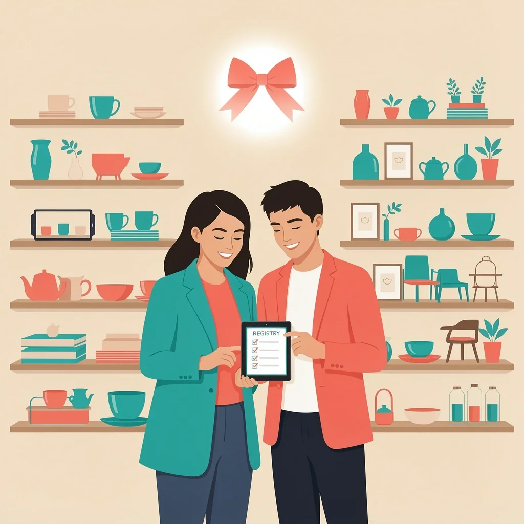 Happy couple browsing a Crate & Barrel store with a wedding registry tablet