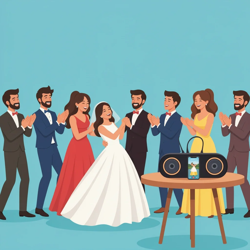 Happy couple dancing at a wedding reception using a Bluetooth speaker for DIY music, no DJ present