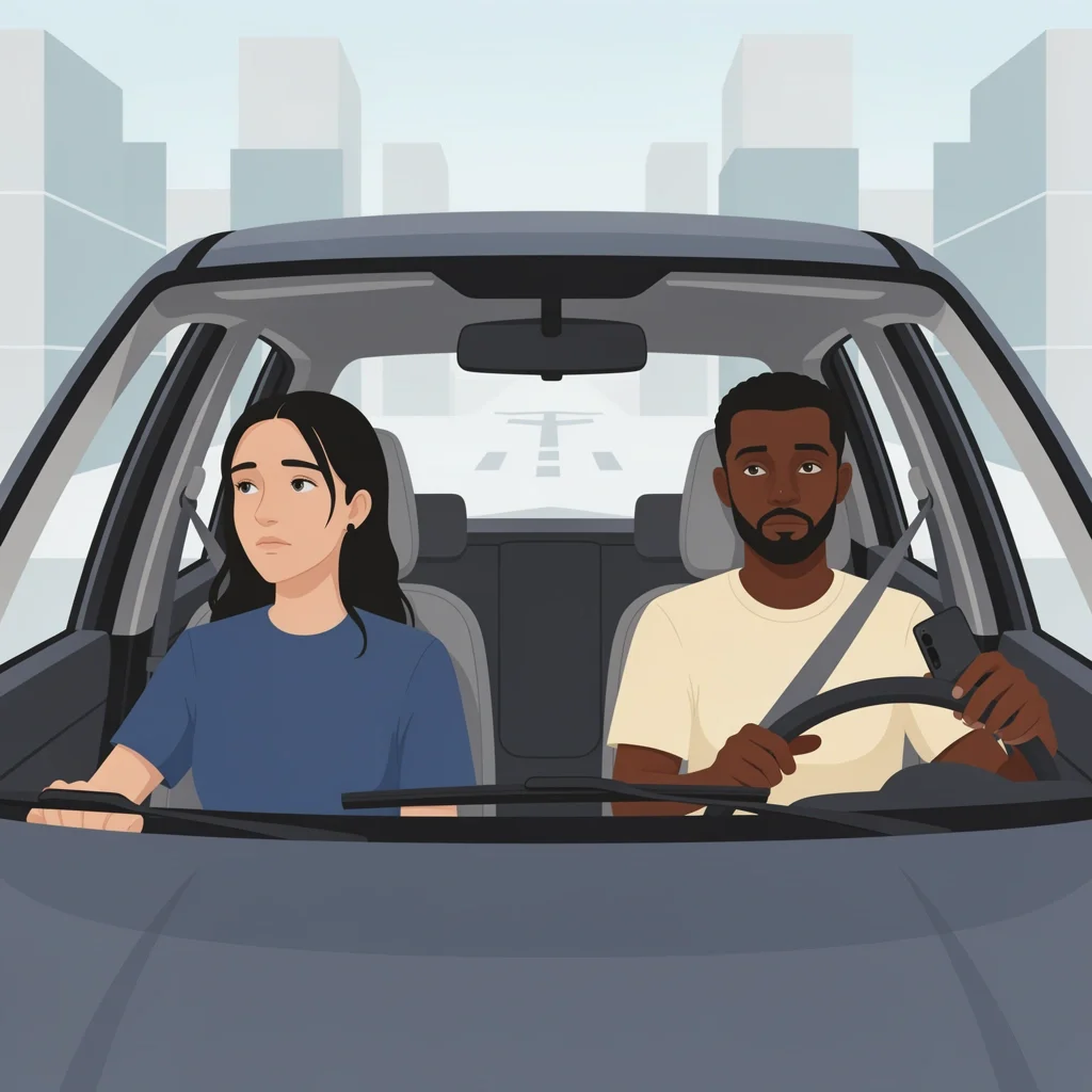 Couple in parked car after marriage counseling session, contemplating whether to continue therapy