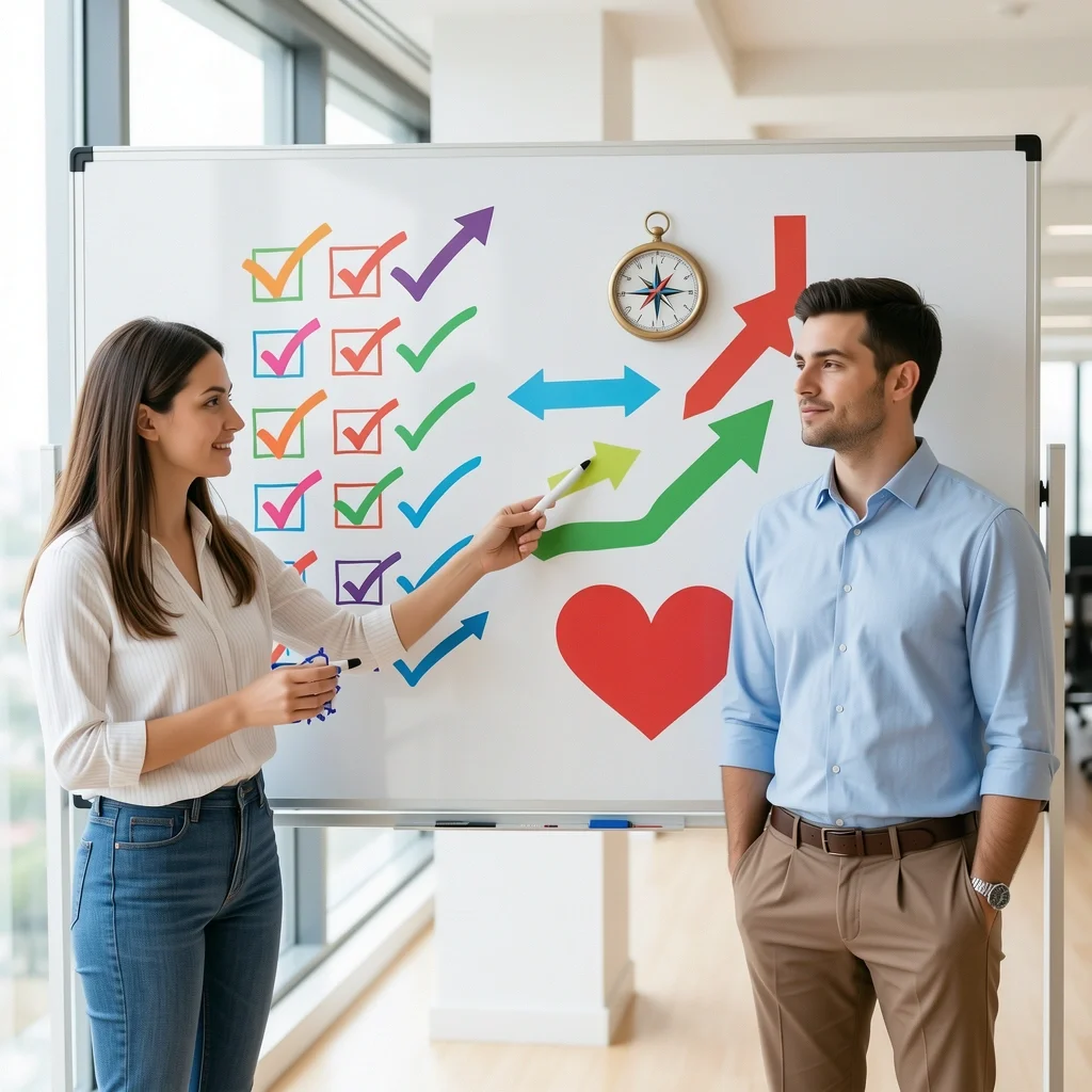 Defining Progress in Couples Therapy Couple reviewing a progress checklist on a whiteboard during marriage counseling