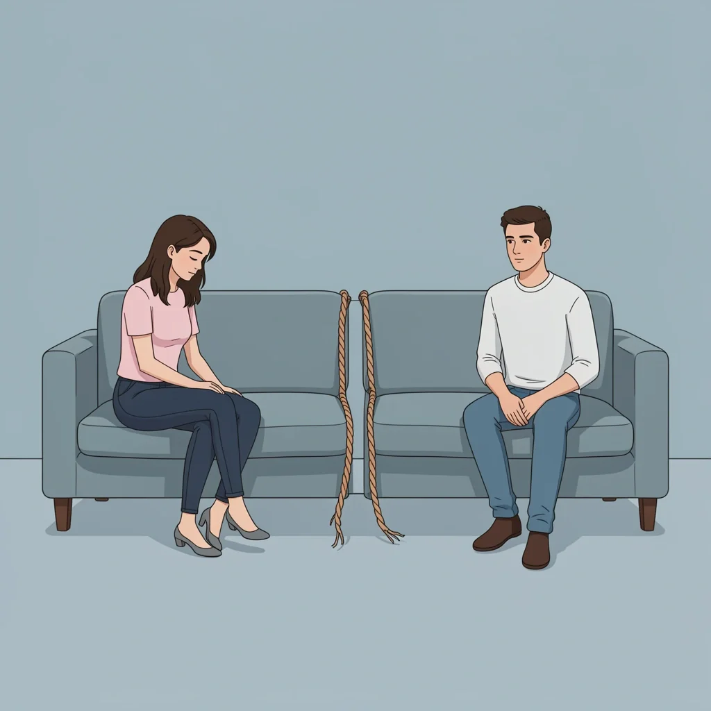 Couple sitting apart on a couch with a fraying rope between them, illustrating relationship distance