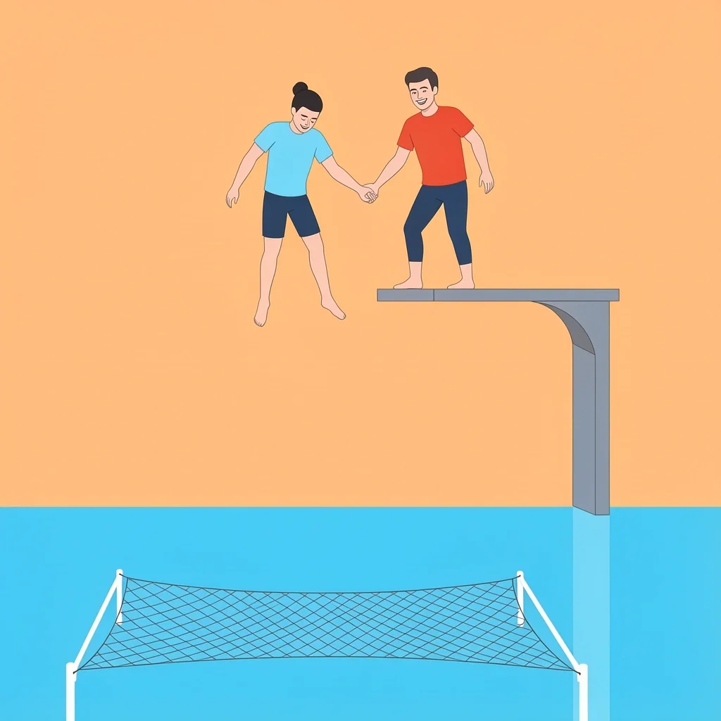 Thrill of Commitment and Safety Couple on a diving board holding hands, about to jump, with a safety net below, representing the thrill of full commitment in marriage