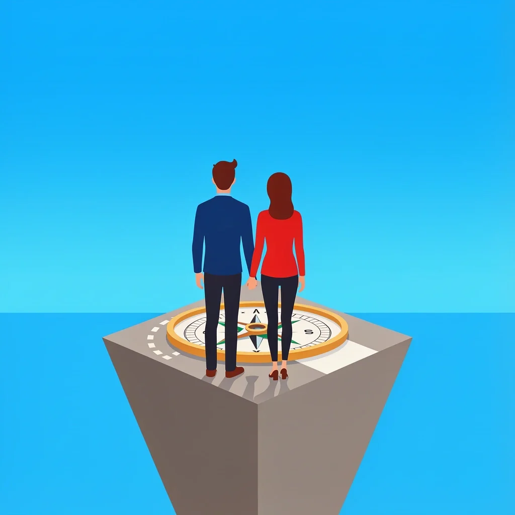 A couple standing on a geometric platform with a compass and pathway, symbolizing intentional planning for wedding presence.