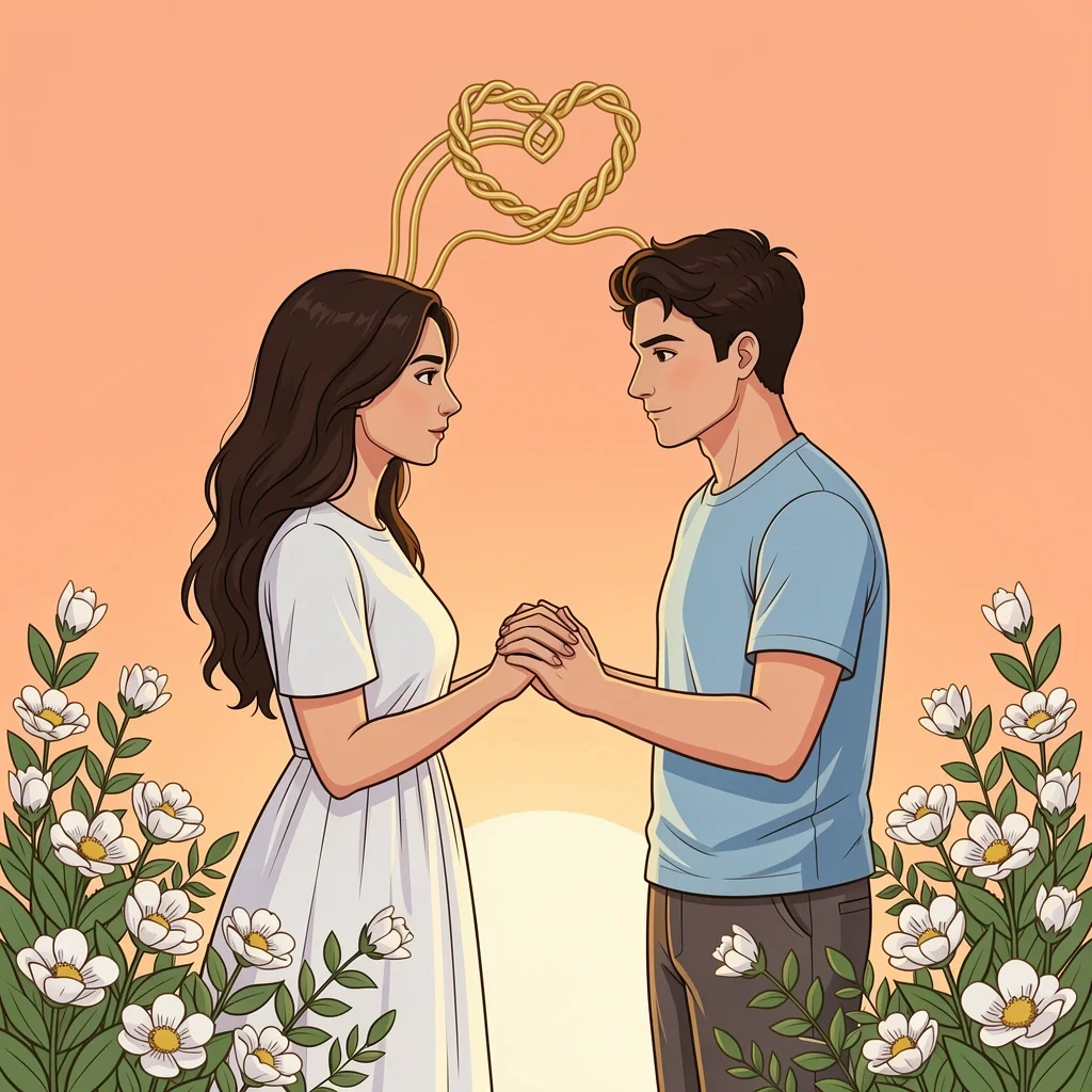 Couple devotional with three strand symbol A bride and groom face each other holding hands with a golden three-strand braid symbol above them