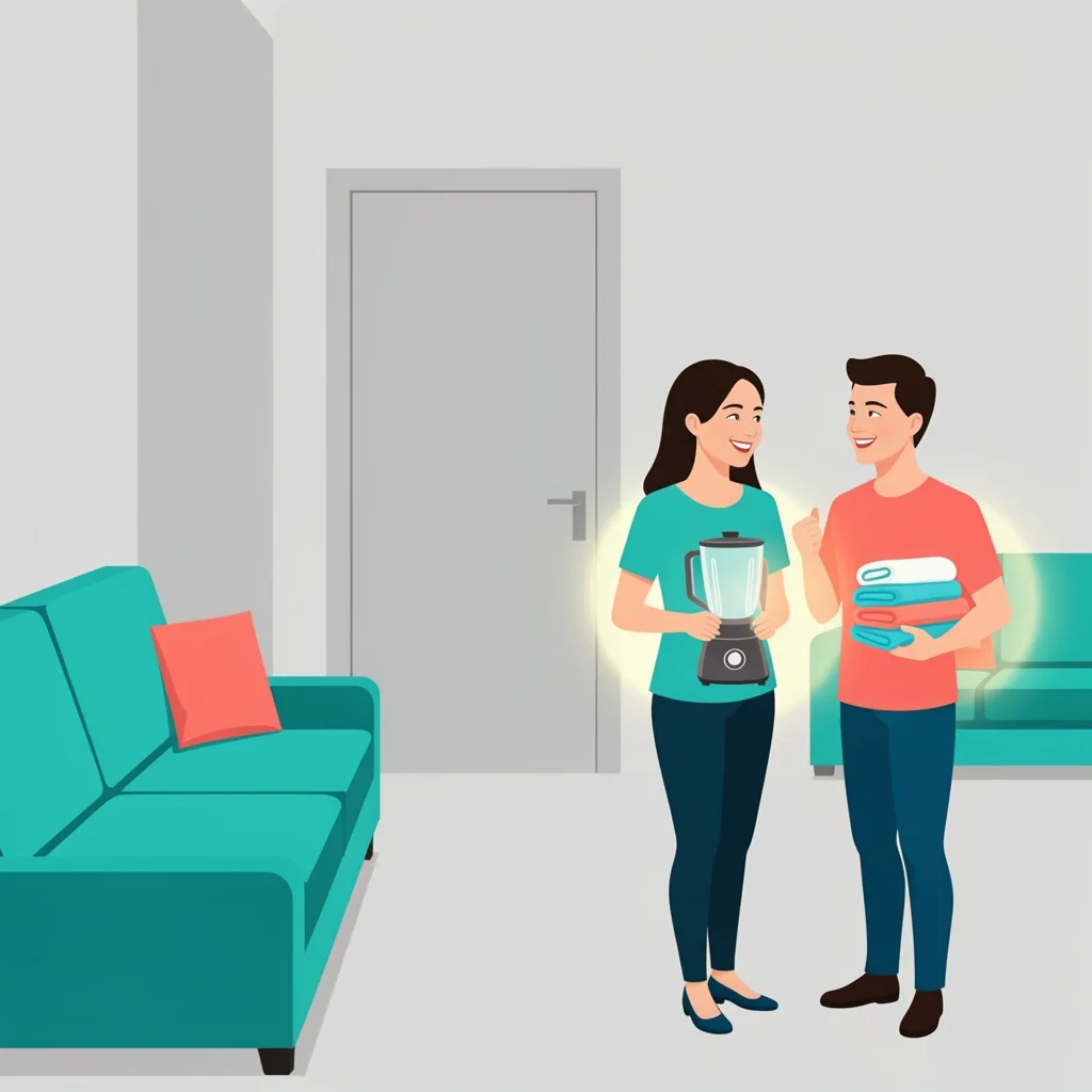 Couple holding a blender and towels in a fully stocked home, deciding not to have a wedding registry