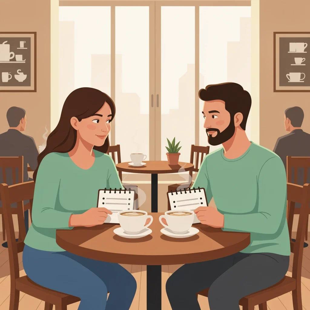 The 'Should We Continue?' Conversation Couple having a structured conversation about continuing marriage counseling at a coffee shop