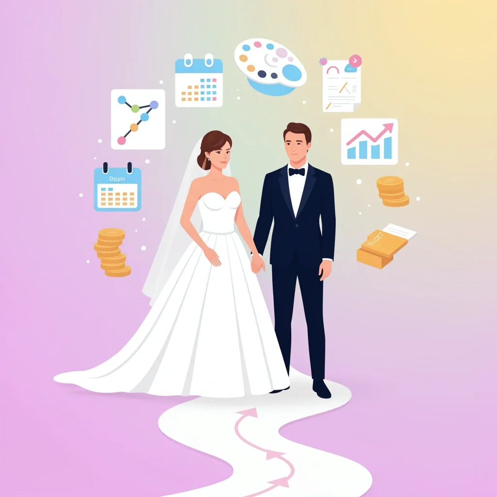 Illustration of a couple with floating wedding planning icons