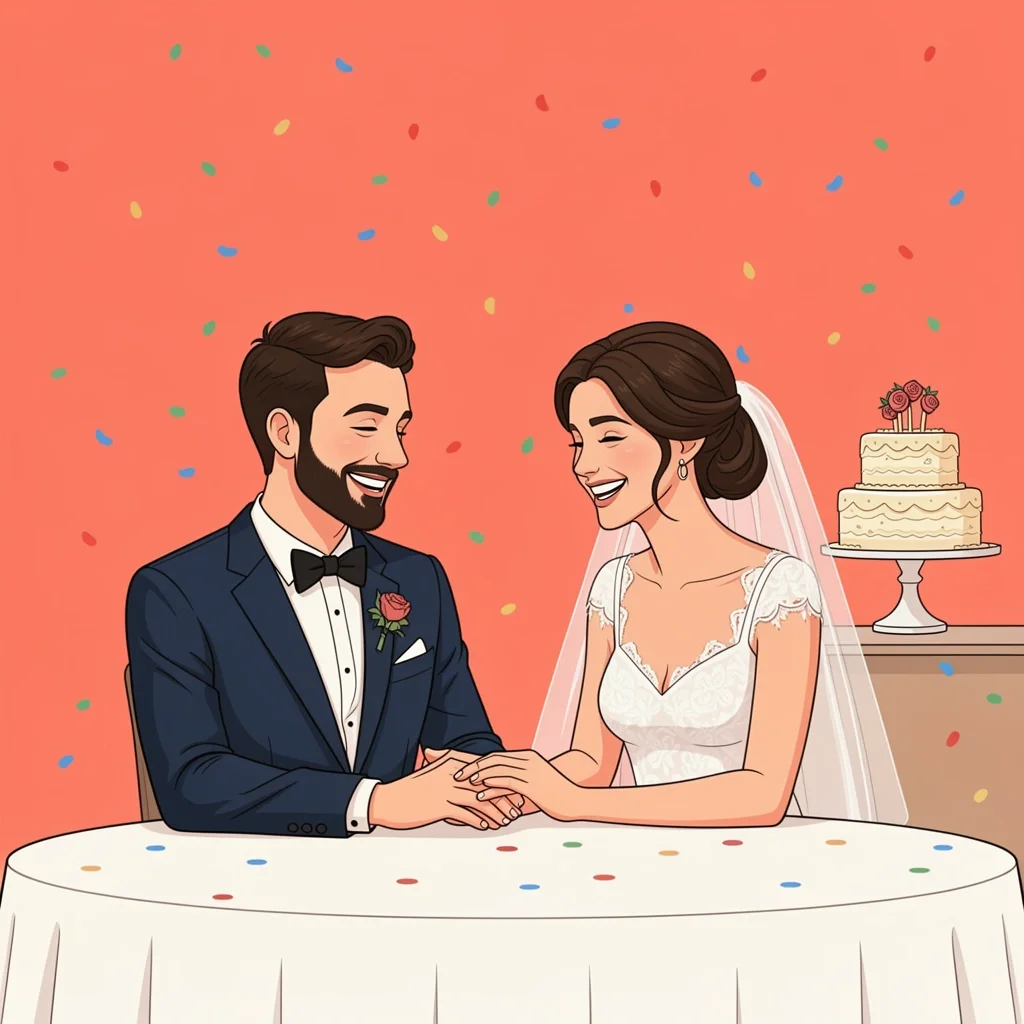 Happy bride and groom laughing together at their wedding reception, protecting their joy amid minor mishaps.