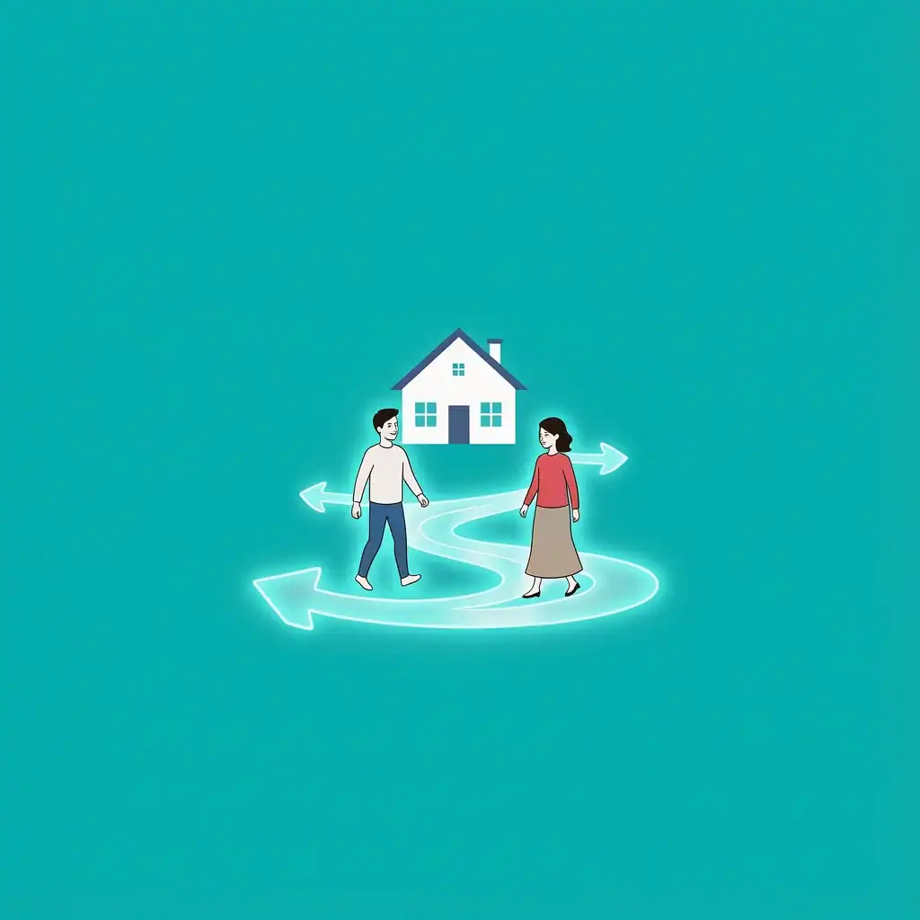 Couple stepping away from family house toward each other on glowing path representing leaving and cleaving