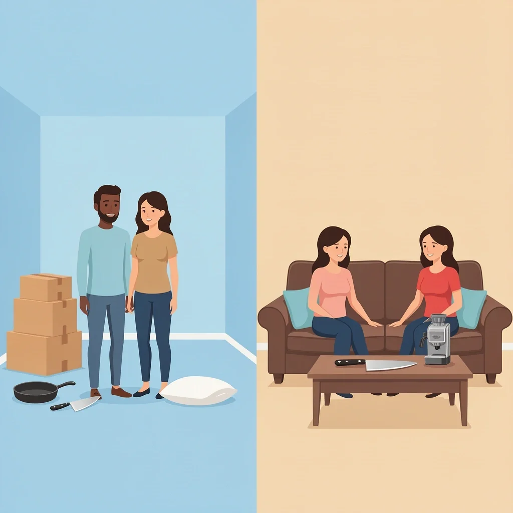 Life Stage Wedding Gift Comparison Vector comparing first-time cohabiters needing basics with an established couple surrounded by upgraded home goods