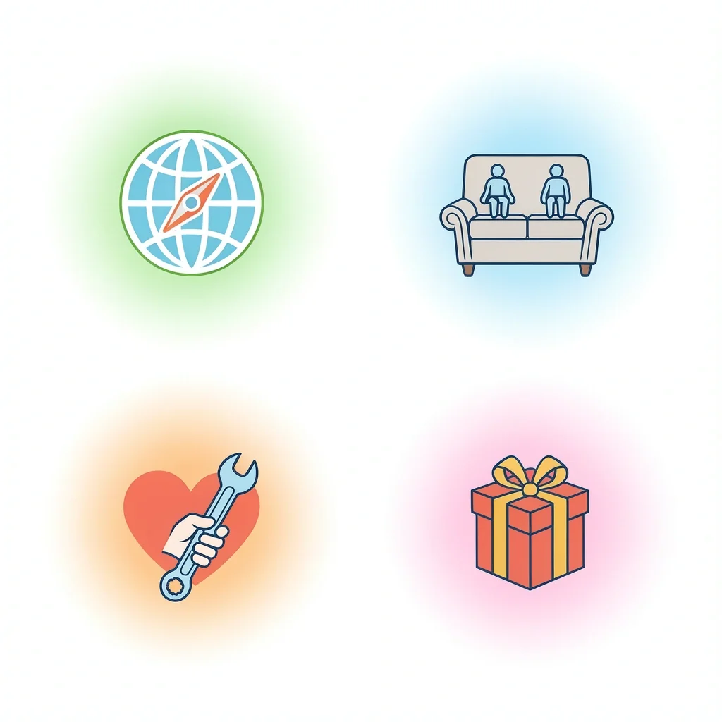 Couple Love Language Gift Categories Vector icons representing four couple love languages: experiences, quality time, acts of service, and gifts