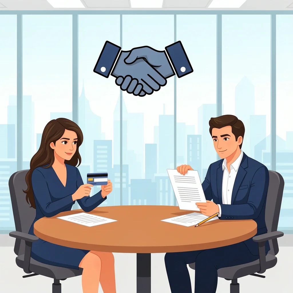 Negotiate Venue Payment Couple and venue manager at a table negotiating payment terms with a credit card and contract