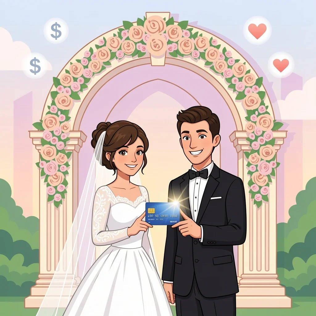 Smiling bride and groom holding a credit card in front of a wedding venue, representing payment options