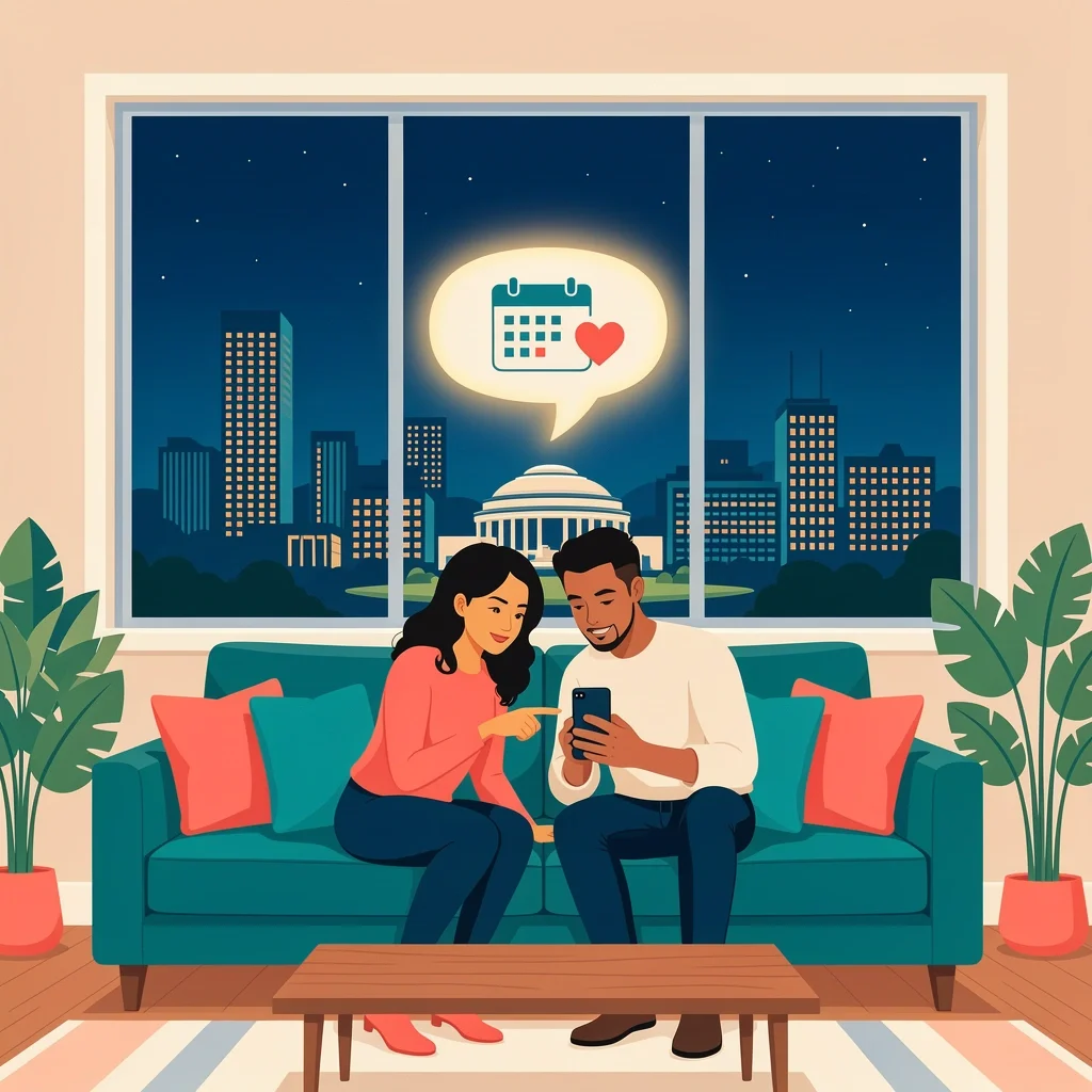 A couple sitting on a couch in Indianapolis planning their date night on a smartphone with the city skyline at night in the background