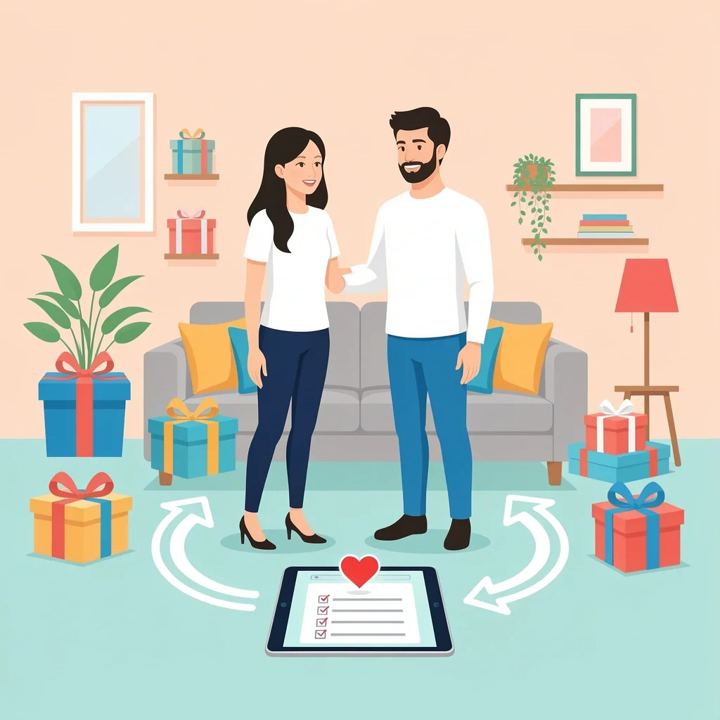 Couple planning wedding registry with digital checklist and gift boxes in modern living room