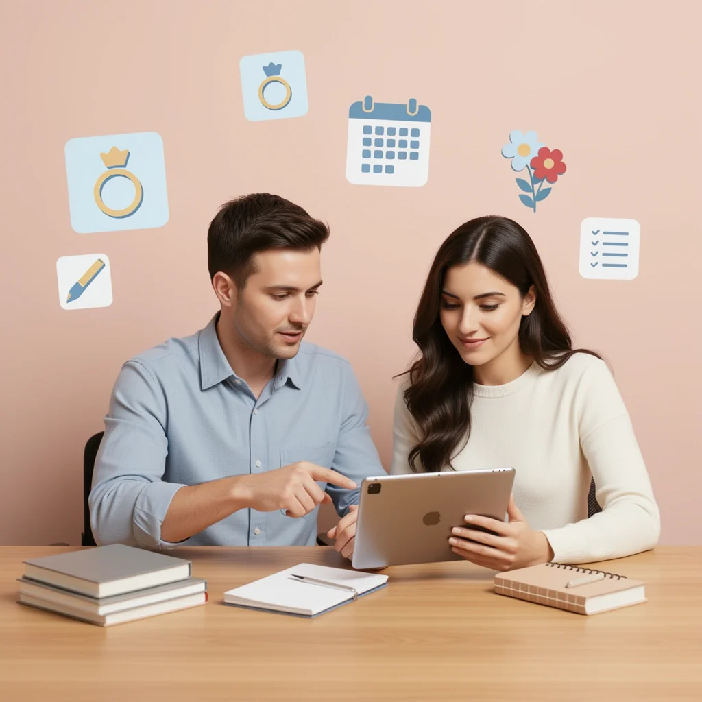 A couple collaboratively planning their wedding strategy with a tablet and organized workspace
