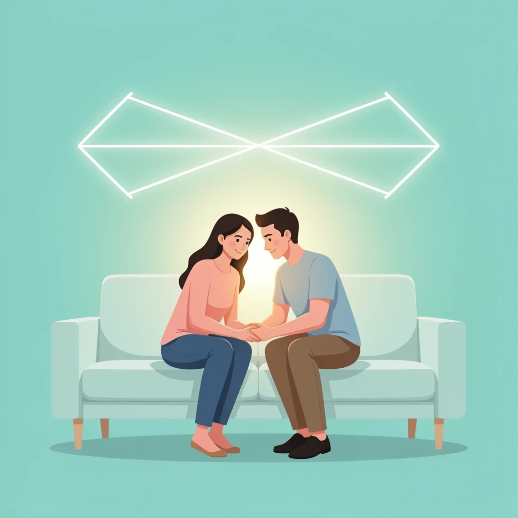 Couple sitting together on a couch preparing for marriage counseling, holding hands with a soft warm light and a bridge symbol representing hope and connection