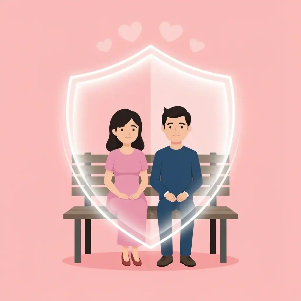Couple sitting on bench protected by glowing shield symbolizing purity and boundaries during engagement