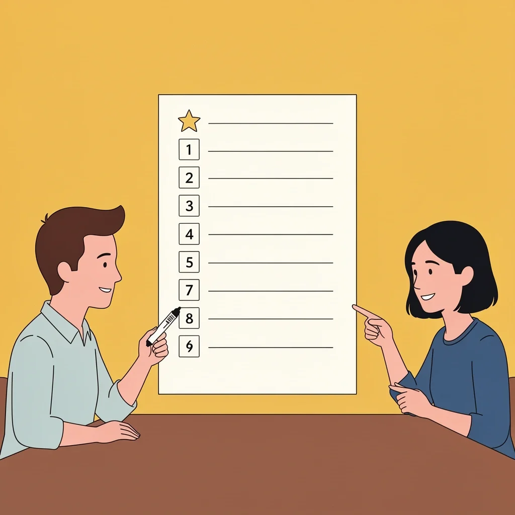 Wedding Priority Ranking Exercise A couple collaboratively ranking their wedding priorities on a list paper