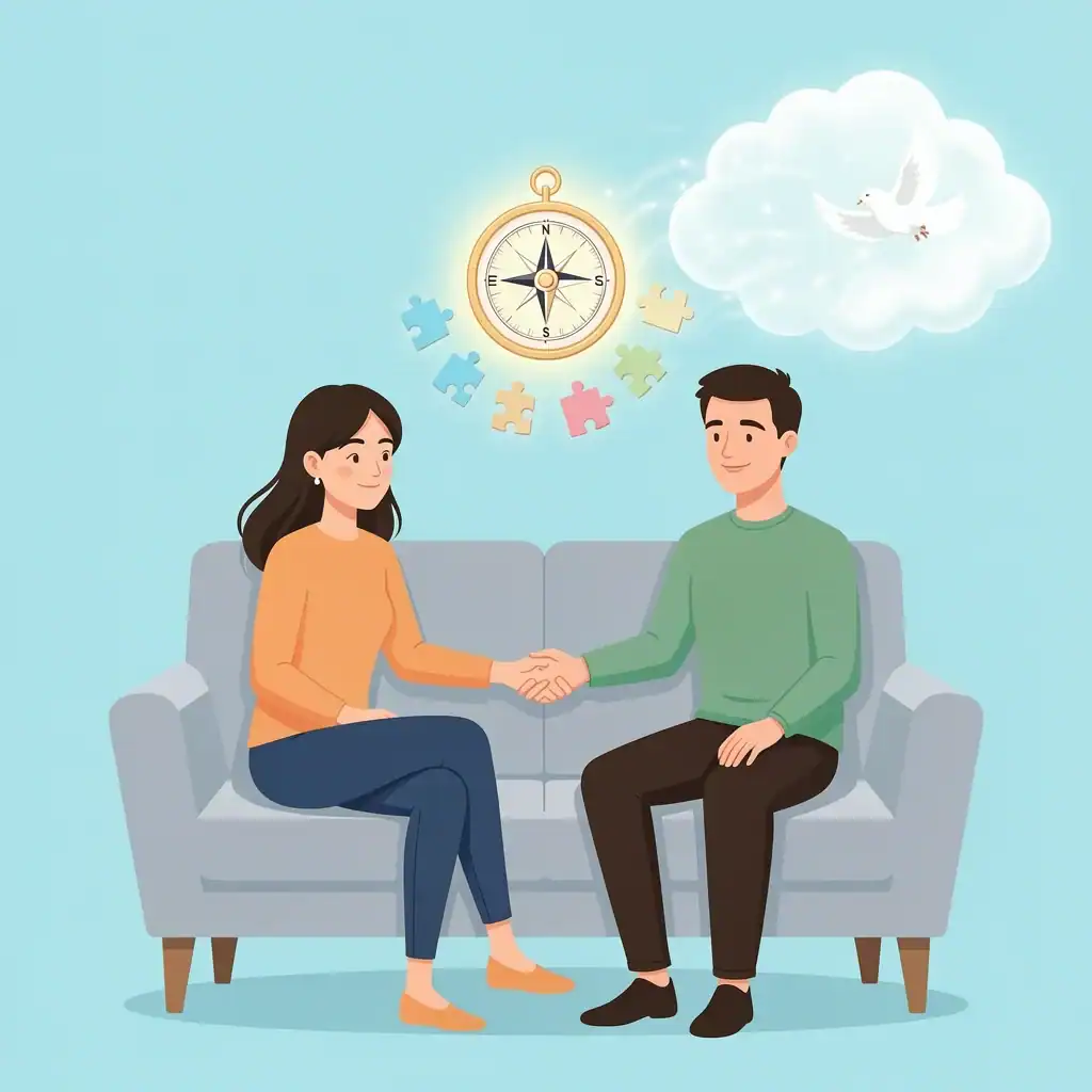 A calm couple sitting on a sofa with a glowing compass and puzzle pieces floating between them, symbolizing reduced wedding stress and manageable decisions.