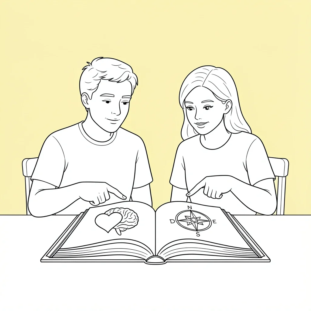 Couple researching therapy approaches by looking at a book with heart, brain, and compass icons
