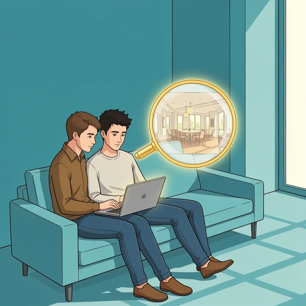 Why Venue Spotlights Are Valuable Couple researching an Atlanta wedding venue spotlight on a laptop with a magnifying glass